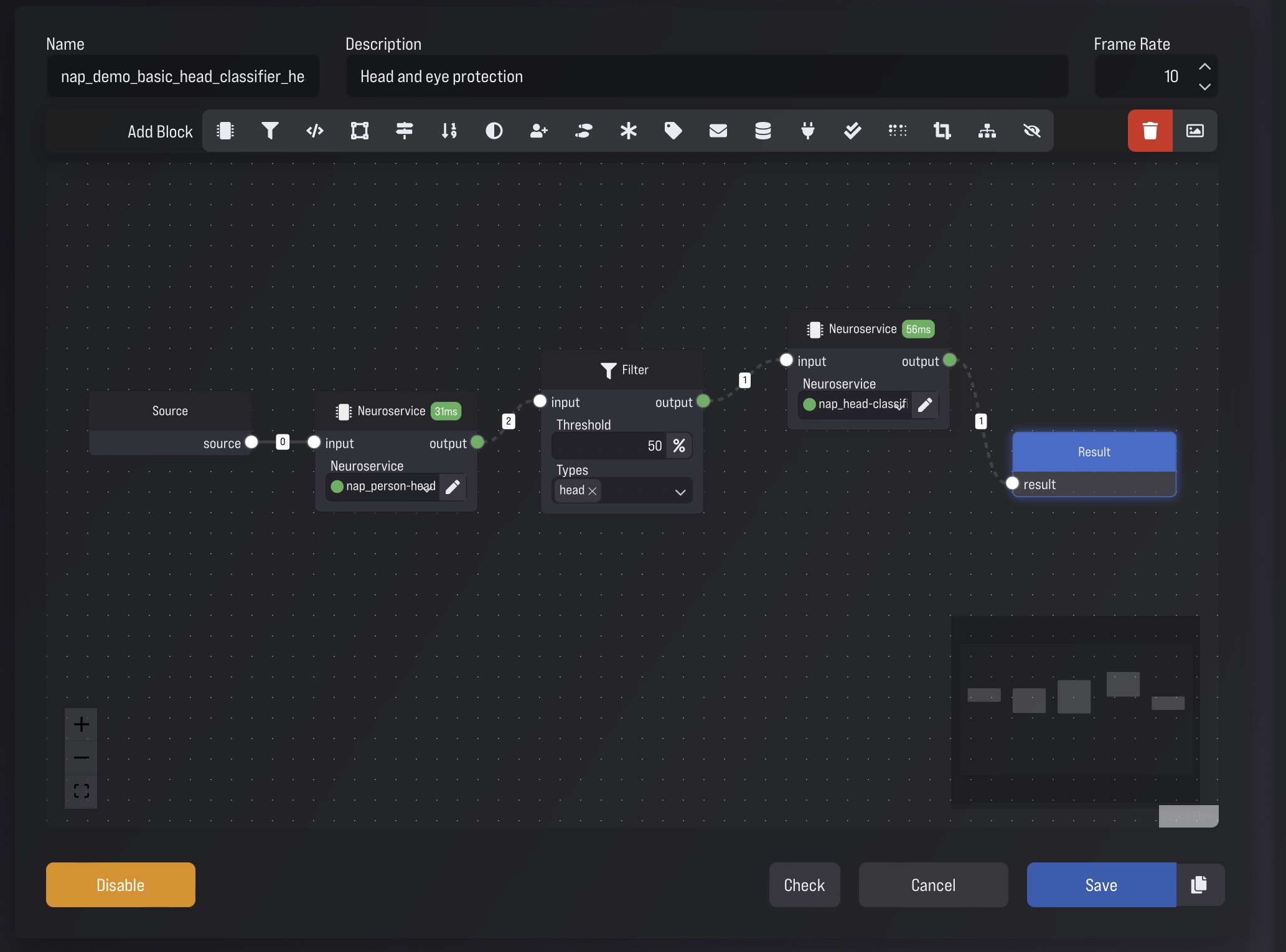 NAP visual analytics workflow with source, classifier, filter and Result