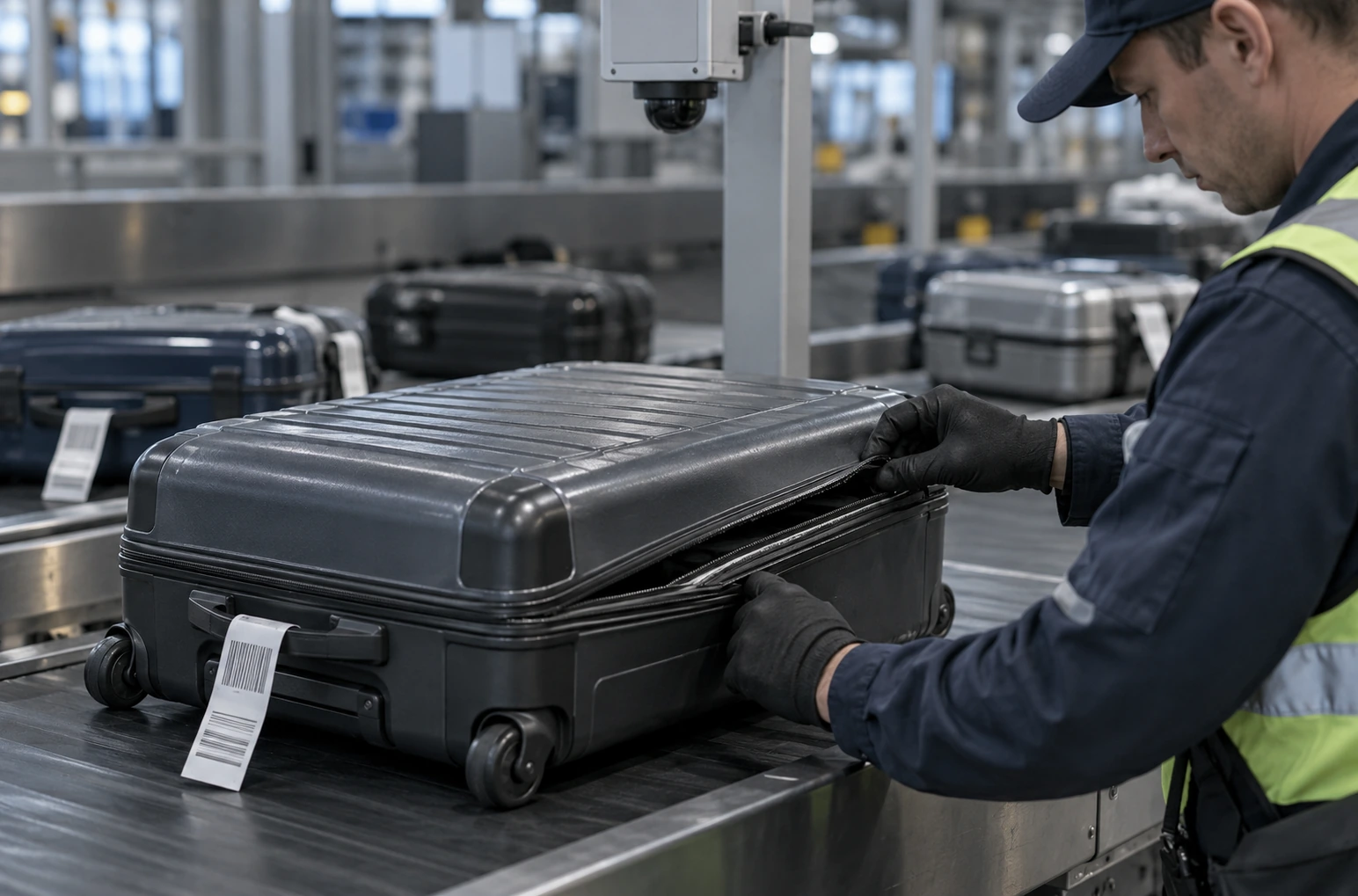 Illustration: damaged baggage with an opened zipper on the handling belt