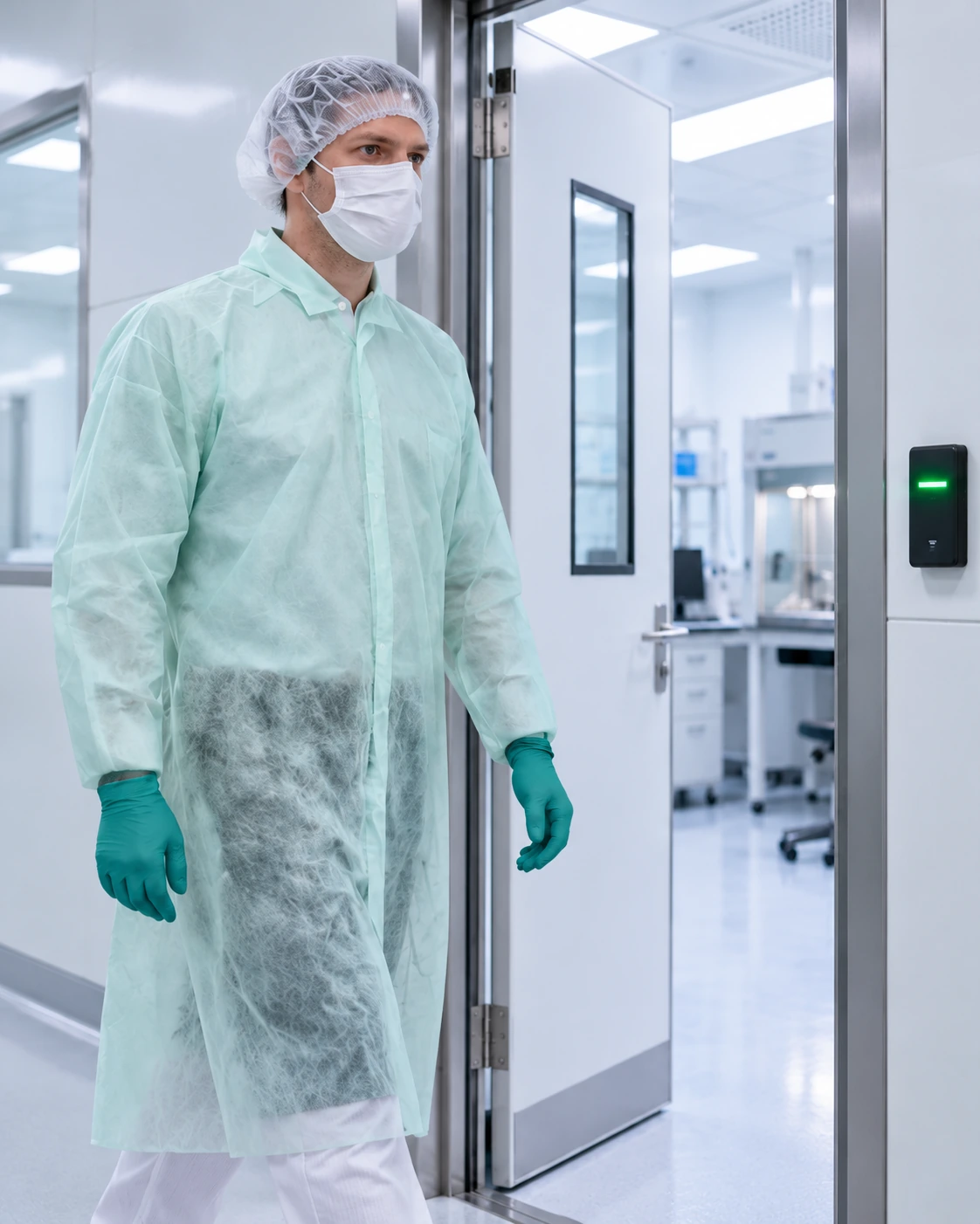 Illustration: worker wearing the required protective clothing at an open laboratory door