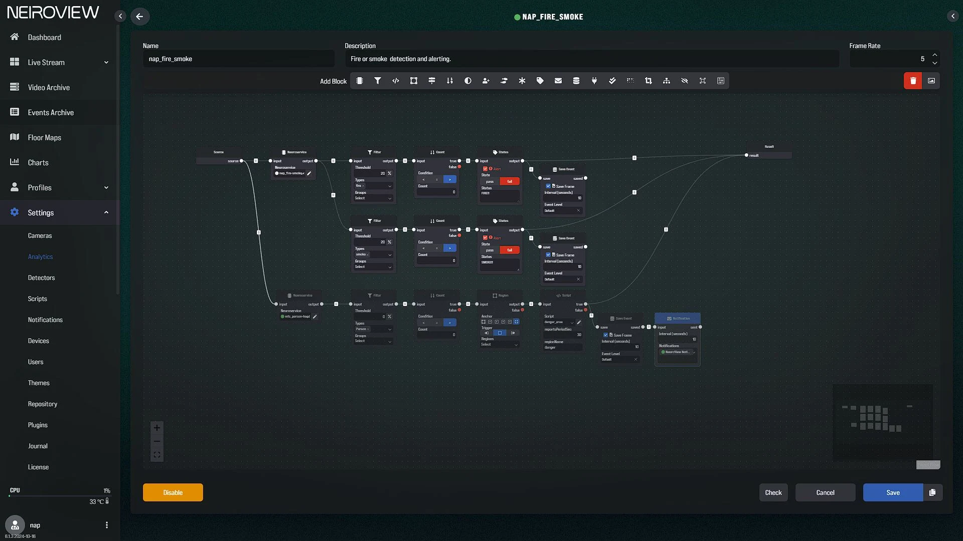 Real NAP Scenario Builder canvas with source, fire and smoke detection, filter, status, save-event and notification blocks.