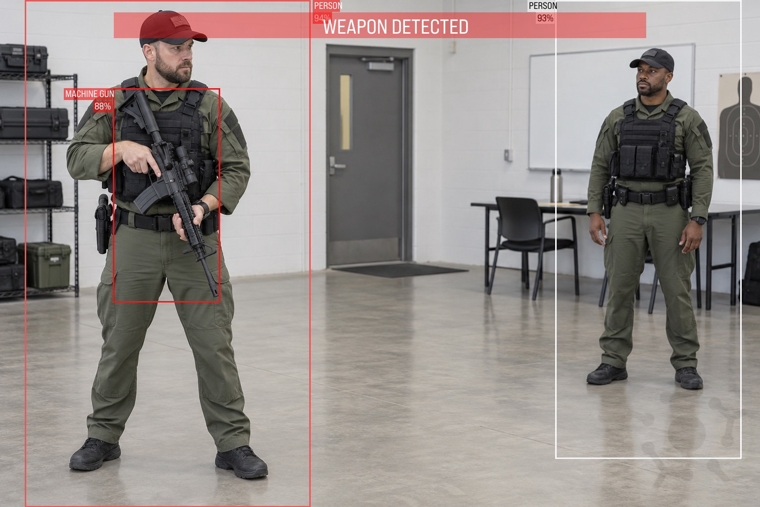 Security training feed with person bounding boxes and a Weapon detected alert