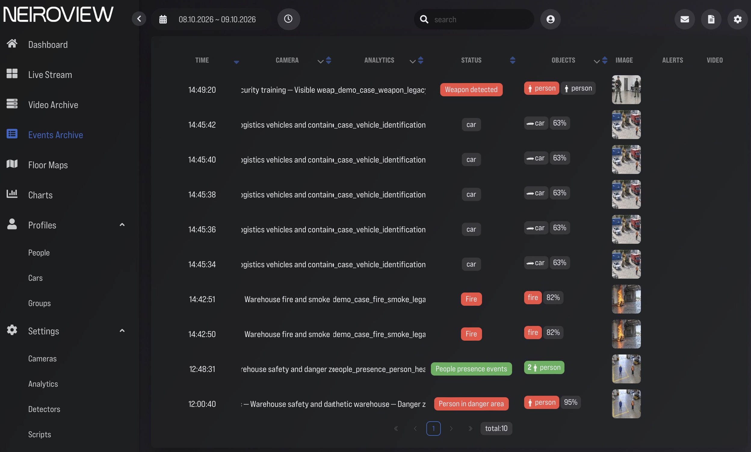 NAP Events Archive with navigation, time range and event evidence columns